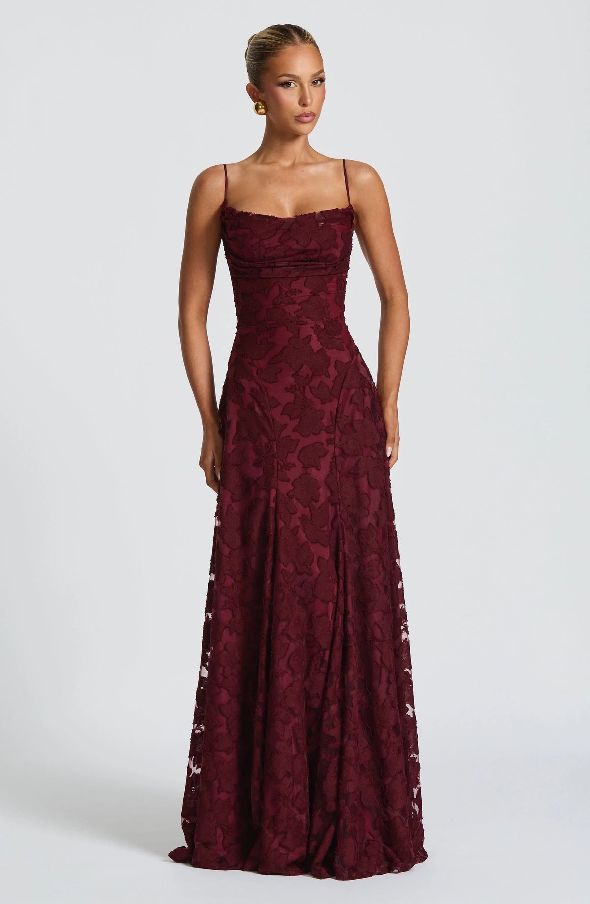 Dames Maxi Jurk Mouwloos met Cowl-hals en Bloemenpatroon Bordeaux