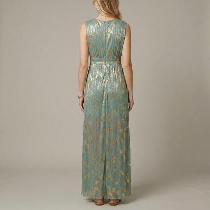 Dames Maxi Jurk Mouwloos met Diepe V-hals en Gouden Print
