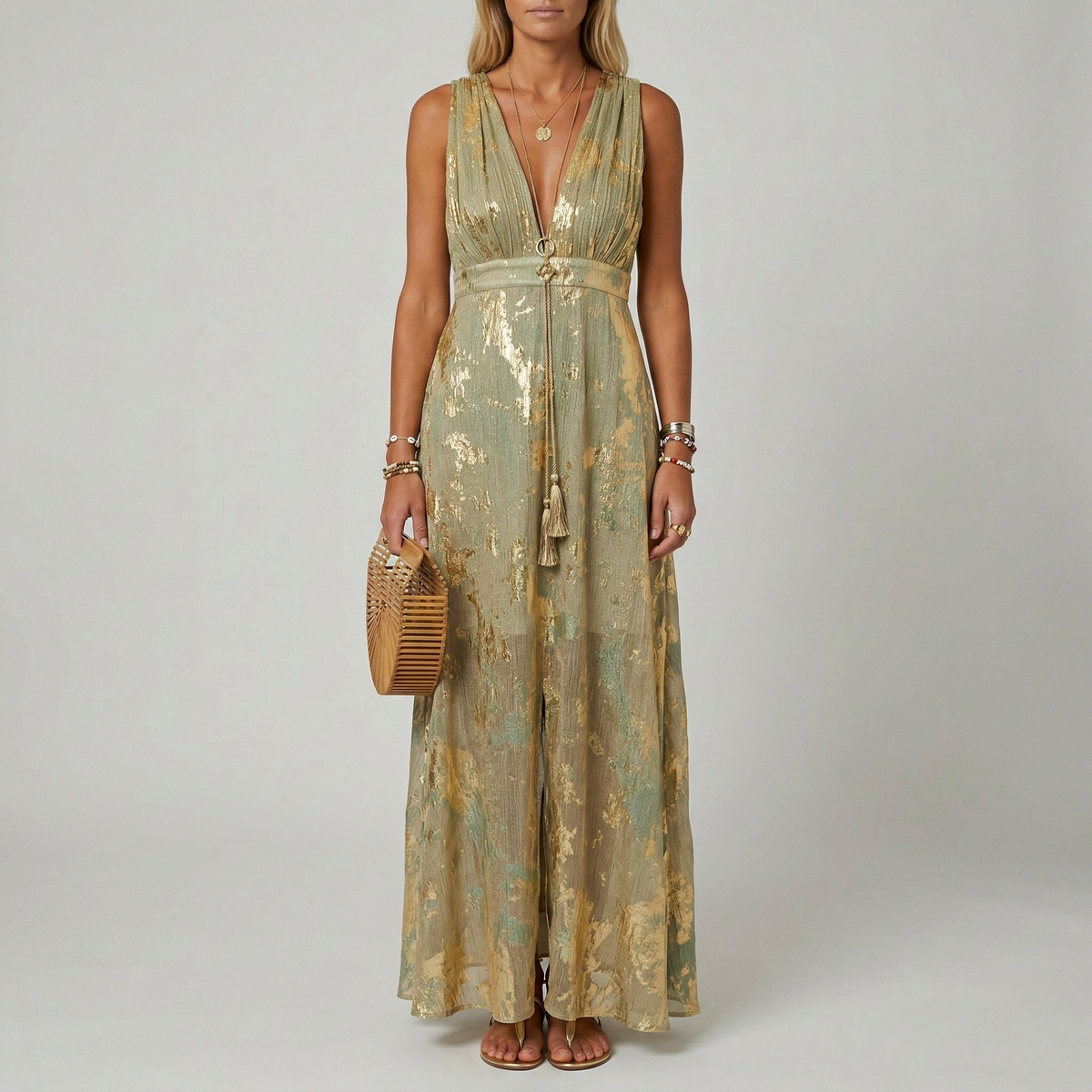 Dames Maxi Jurk Mouwloos met Diepe V-hals en Gouden Print Geel