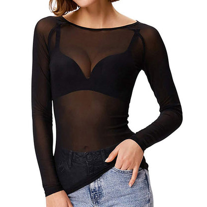 Dames Mesh Top met Lange Mouwen Zwart