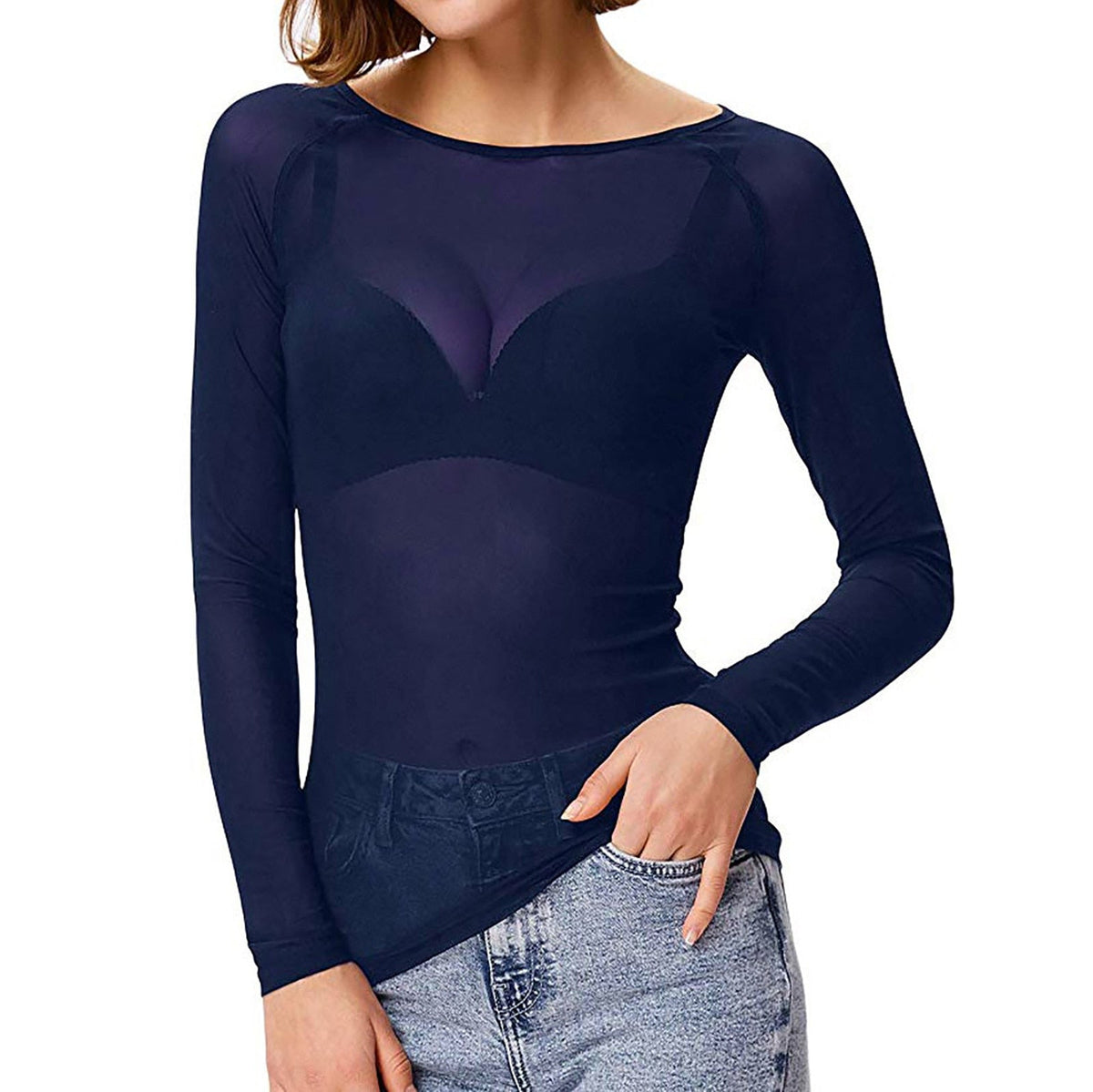 Dames Mesh Top met Lange Mouwen Blauw