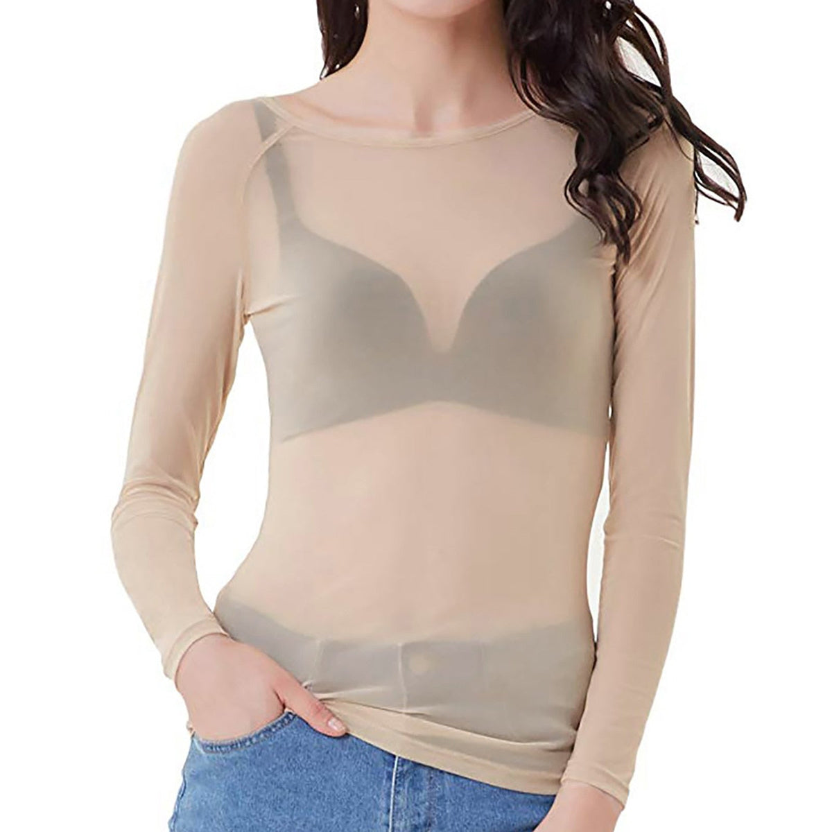 Dames Mesh Top met Lange Mouwen Crème