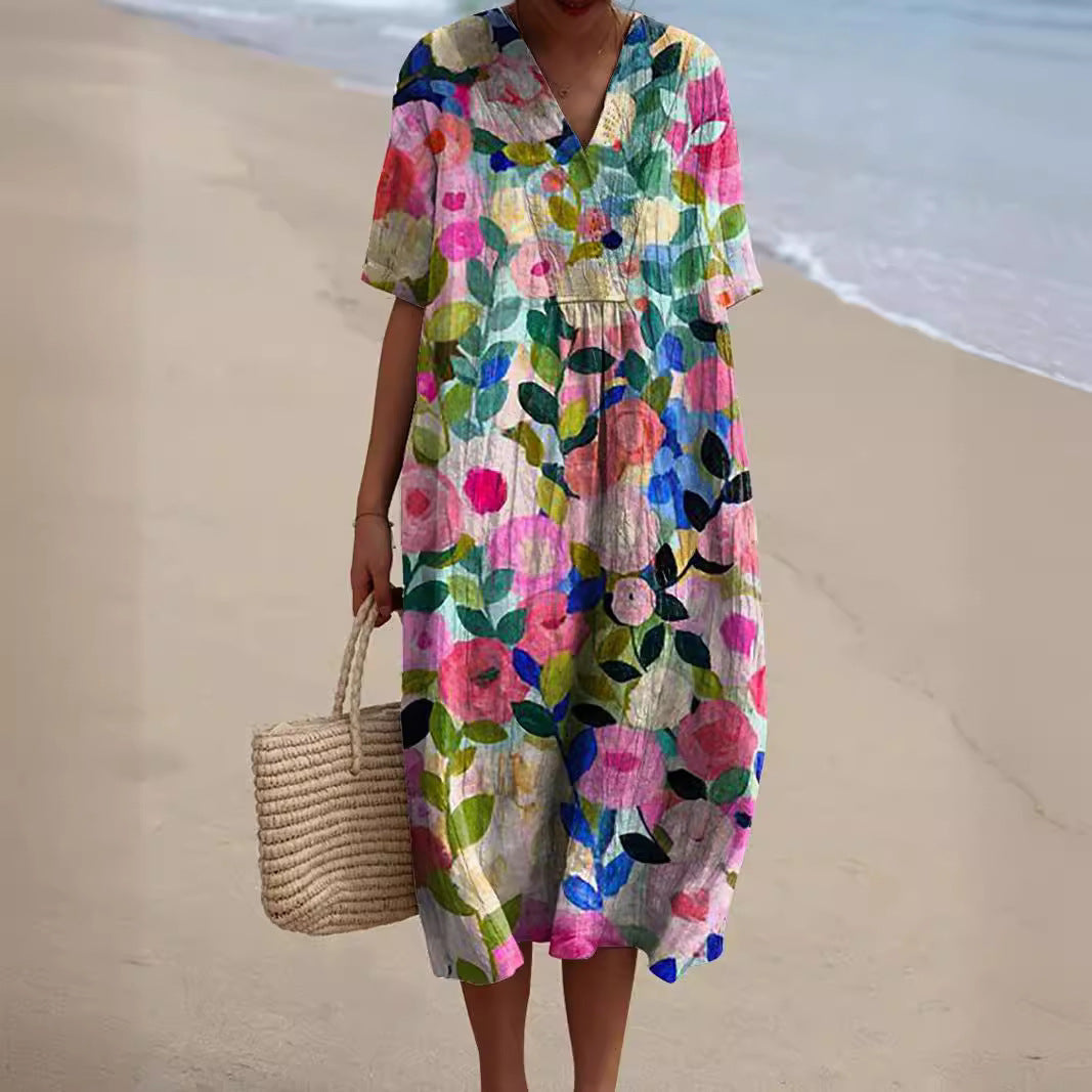 Dames Midi Jurk Korte Mouw met V-hals en Bloemenprint Bloemen