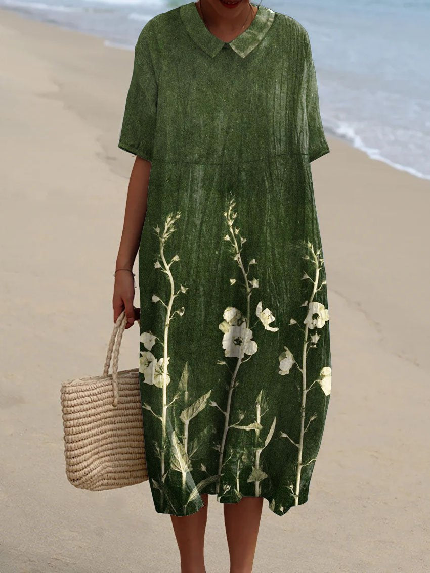 Dames Midi Jurk Korte Mouw met V-hals en Bloemenprint Groen