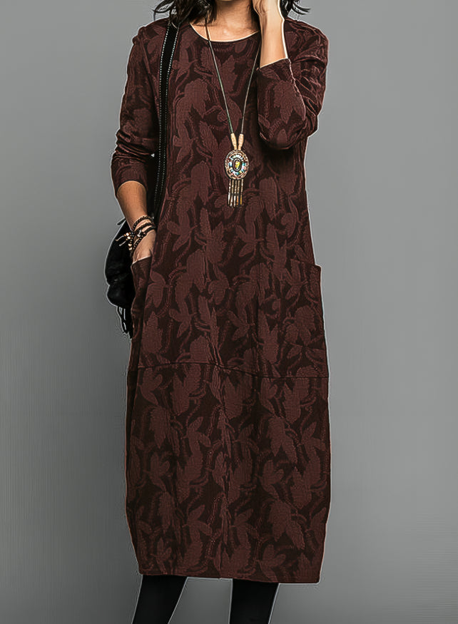 Dames Midi Jurk Lange Mouw met Ronde Hals en Bladmotief Bordeaux
