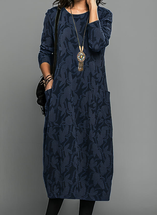 Dames Midi Jurk Lange Mouw met Ronde Hals en Bladmotief Blauw