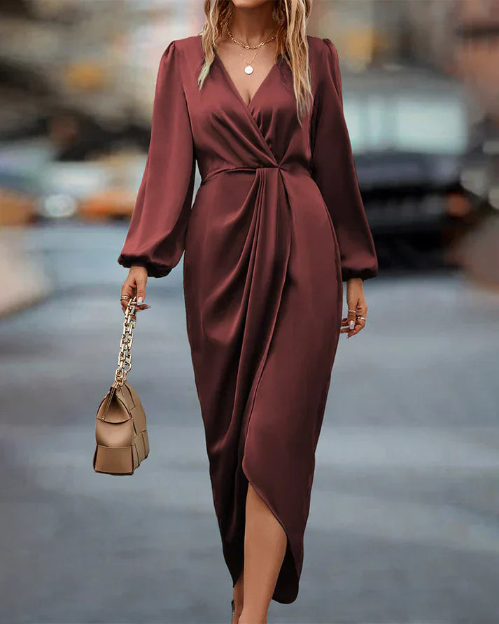 Dames Midi Jurk met Diepe V-hals, Lange Ballonmouwen en Gedrapeerde Taille Roodbruin