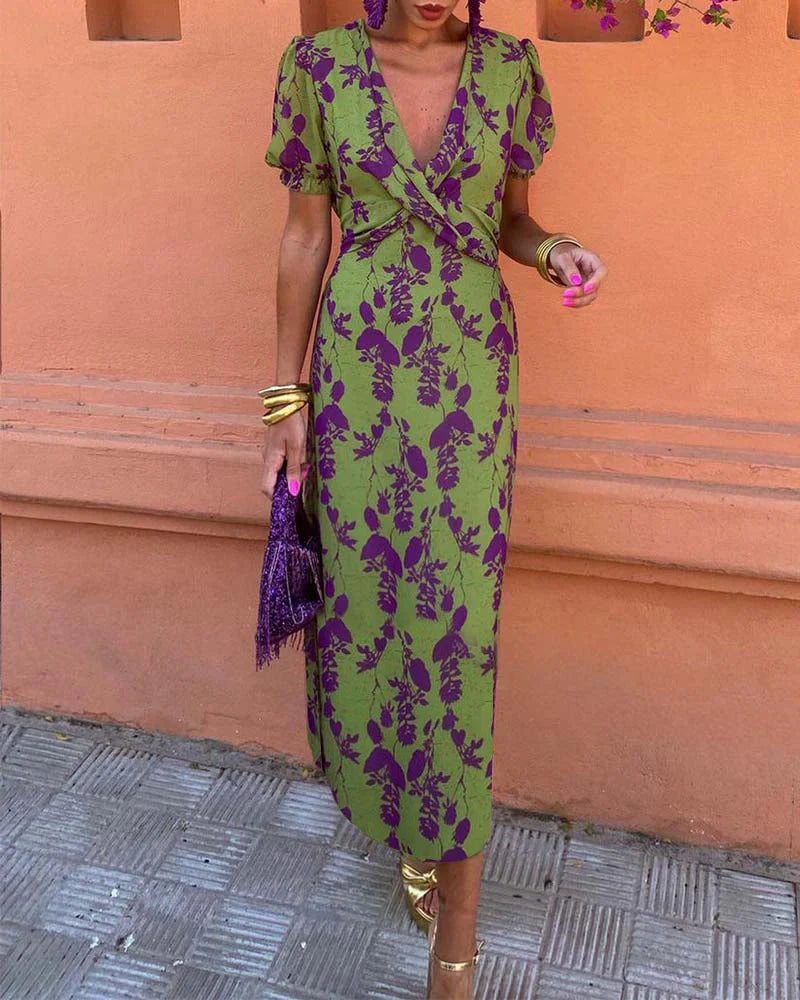 Dames Midi Jurk met Diepe V-hals, Pofmouwen en Bloemenprint