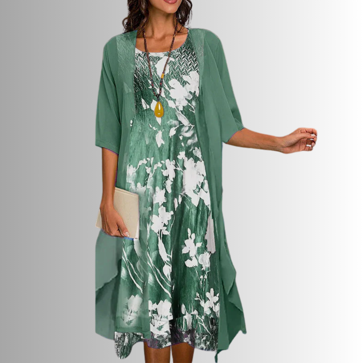 Dames Midi Jurk met Driekwart Mouw en Open Overlay met Print Groen