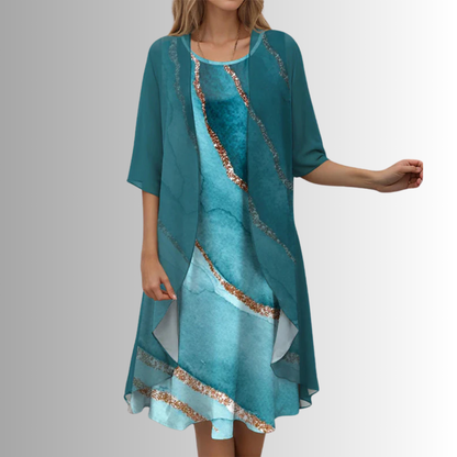 Dames Midi Jurk met Driekwart Mouw en Open Overlay met Print Donkerblauw