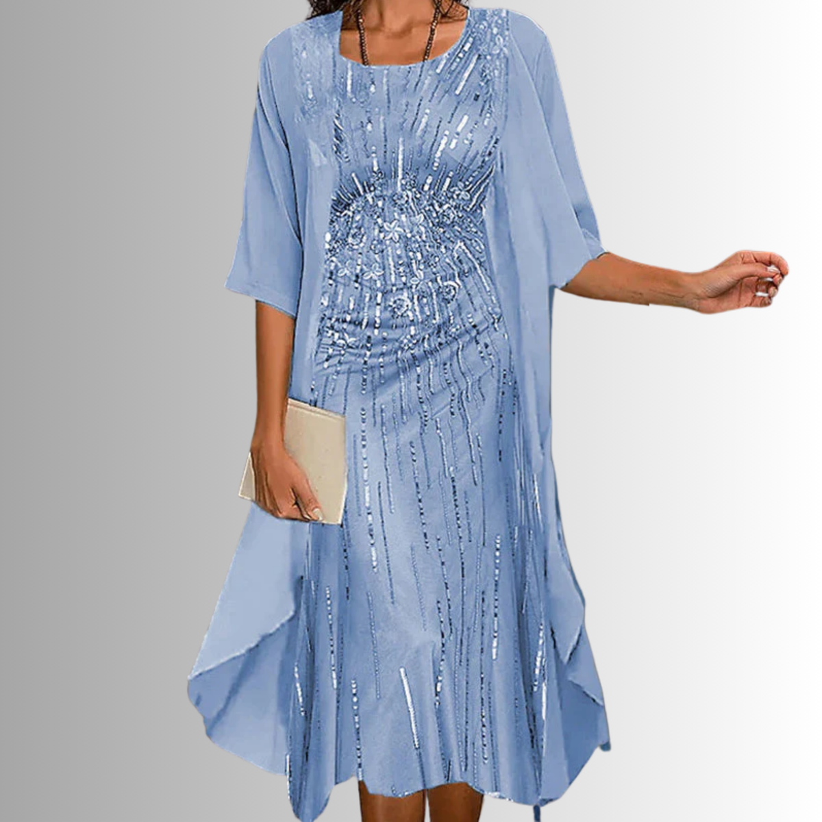 Dames Midi Jurk met Driekwart Mouw en Open Overlay met Print Lichtblauw
