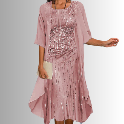 Dames Midi Jurk met Driekwart Mouw en Open Overlay met Print Roze