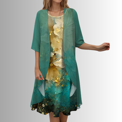 Dames Midi Jurk met Driekwart Mouw en Open Overlay met Print Donkergroen