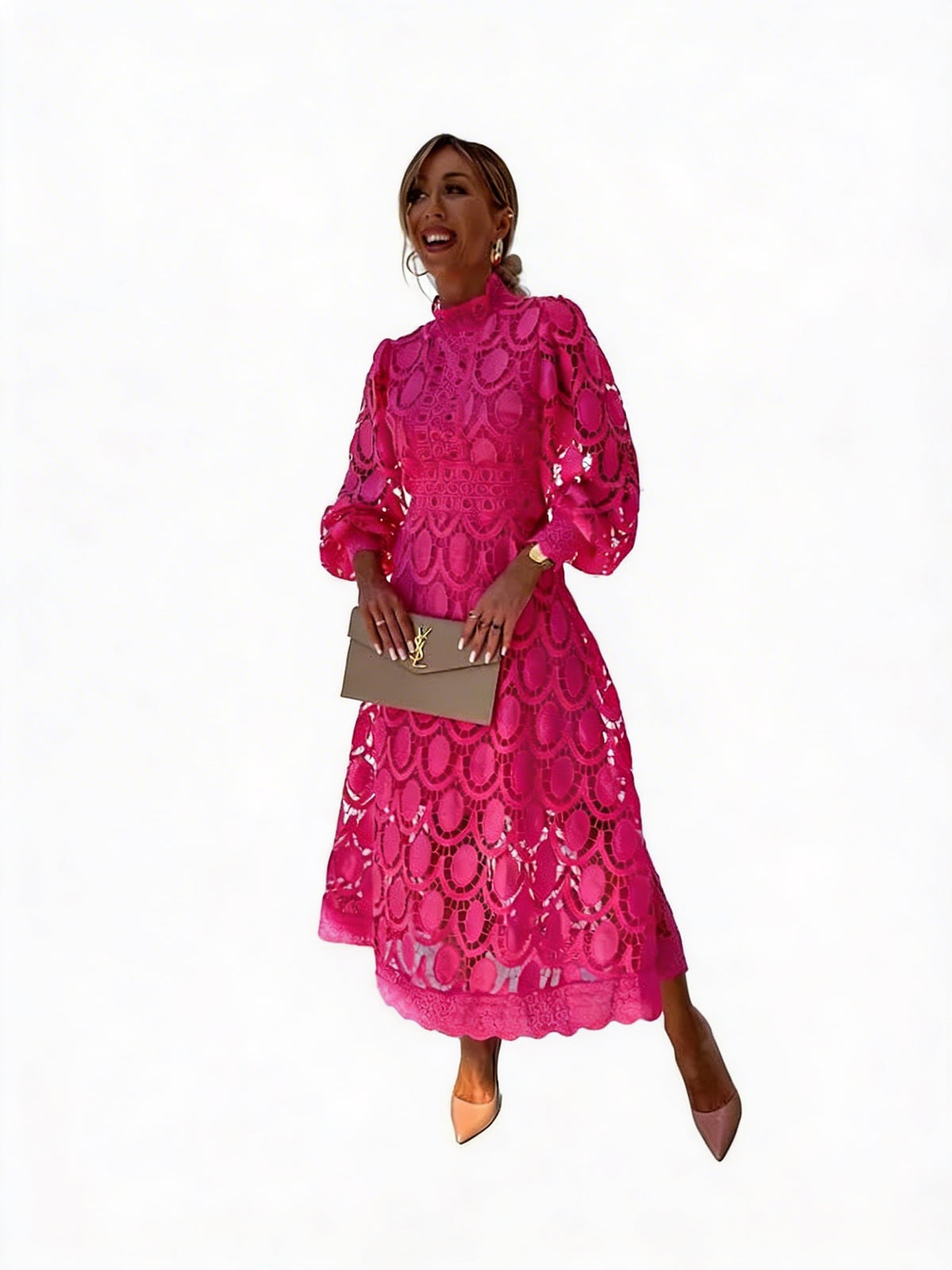 Dames Midi Jurk met Kant en Pofmouwen