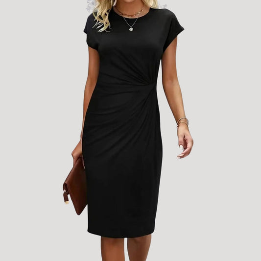 Dames Midi Jurk met Korte Mouw, Ronde Hals en Gedrapeerde Taille Zwart