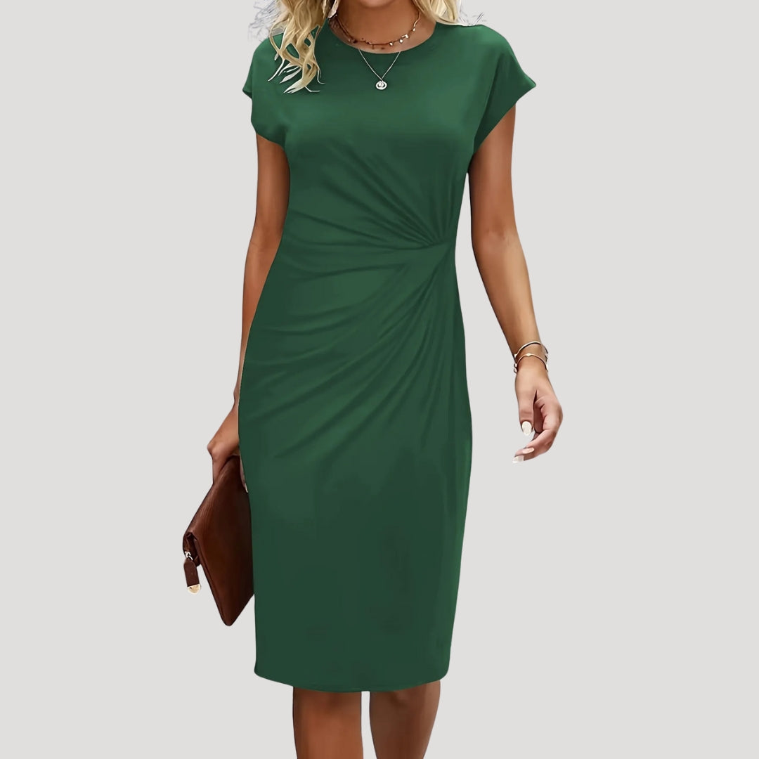 Dames Midi Jurk met Korte Mouw, Ronde Hals en Gedrapeerde Taille Groen