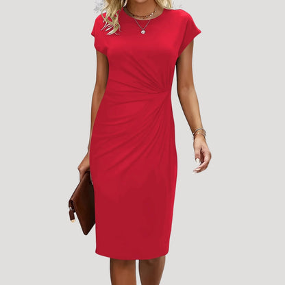 Dames Midi Jurk met Korte Mouw, Ronde Hals en Gedrapeerde Taille Rood