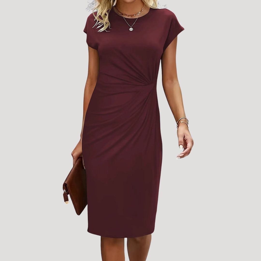 Dames Midi Jurk met Korte Mouw, Ronde Hals en Gedrapeerde Taille Donkerrood