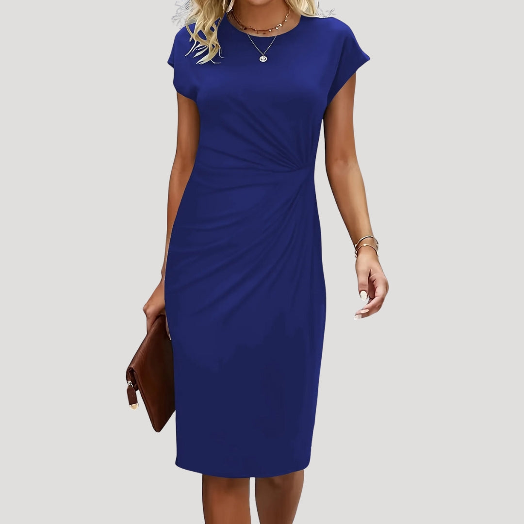 Dames Midi Jurk met Korte Mouw, Ronde Hals en Gedrapeerde Taille Blauw