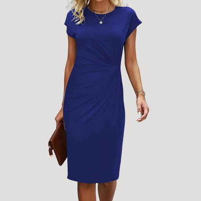 Dames Midi Jurk met Korte Mouw, Ronde Hals en Gedrapeerde Taille Blauw