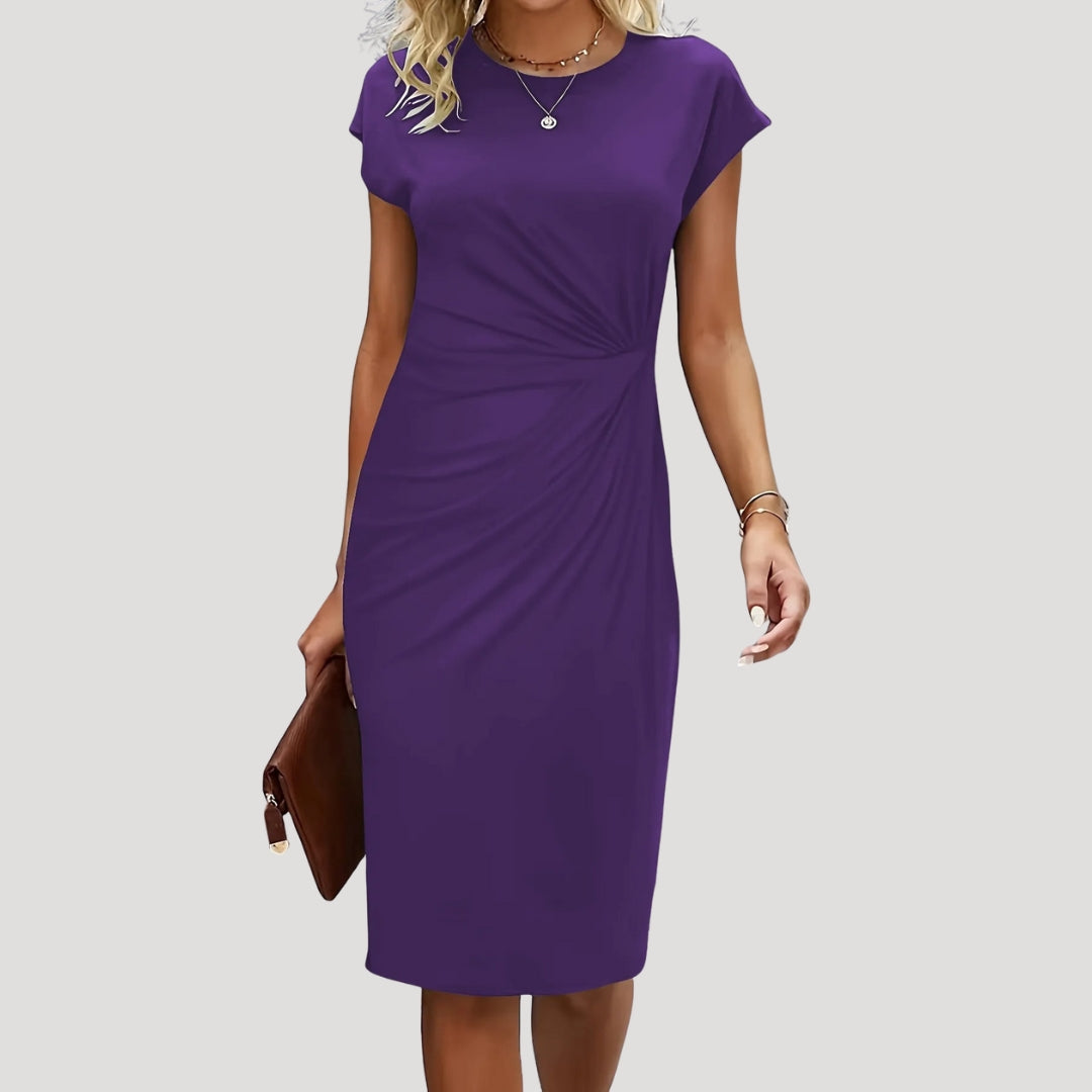 Dames Midi Jurk met Korte Mouw, Ronde Hals en Gedrapeerde Taille Paars