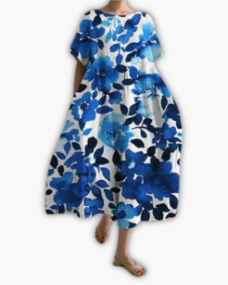 Dames Midi-jurk met Korte Mouwen en Ronde Hals Oversized Blauw Floralprint