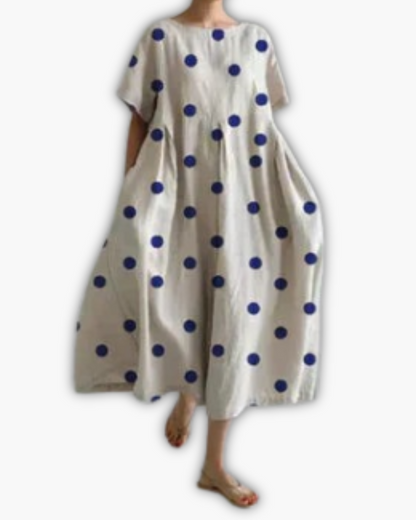 Dames Midi-jurk met Korte Mouwen en Ronde Hals Oversized Stippenprint