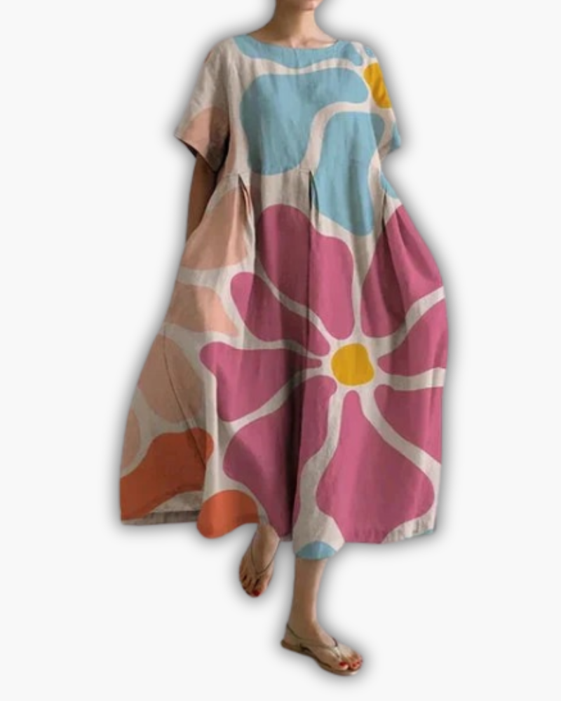 Dames Midi-jurk met Korte Mouwen en Ronde Hals Oversized Roze Bloemenprint