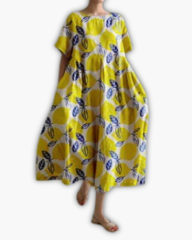 Dames Midi-jurk met Korte Mouwen en Ronde Hals Oversized Geel Bladprint