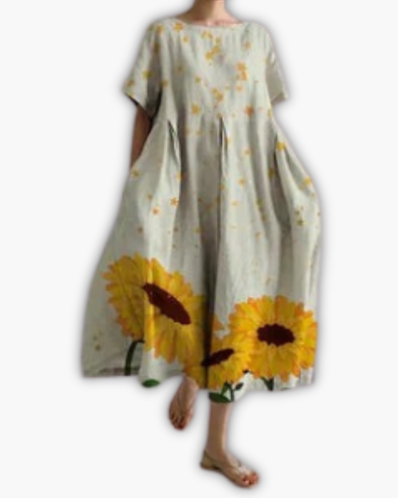 Dames Midi-jurk met Korte Mouwen en Ronde Hals Oversized Zonnebloemprint