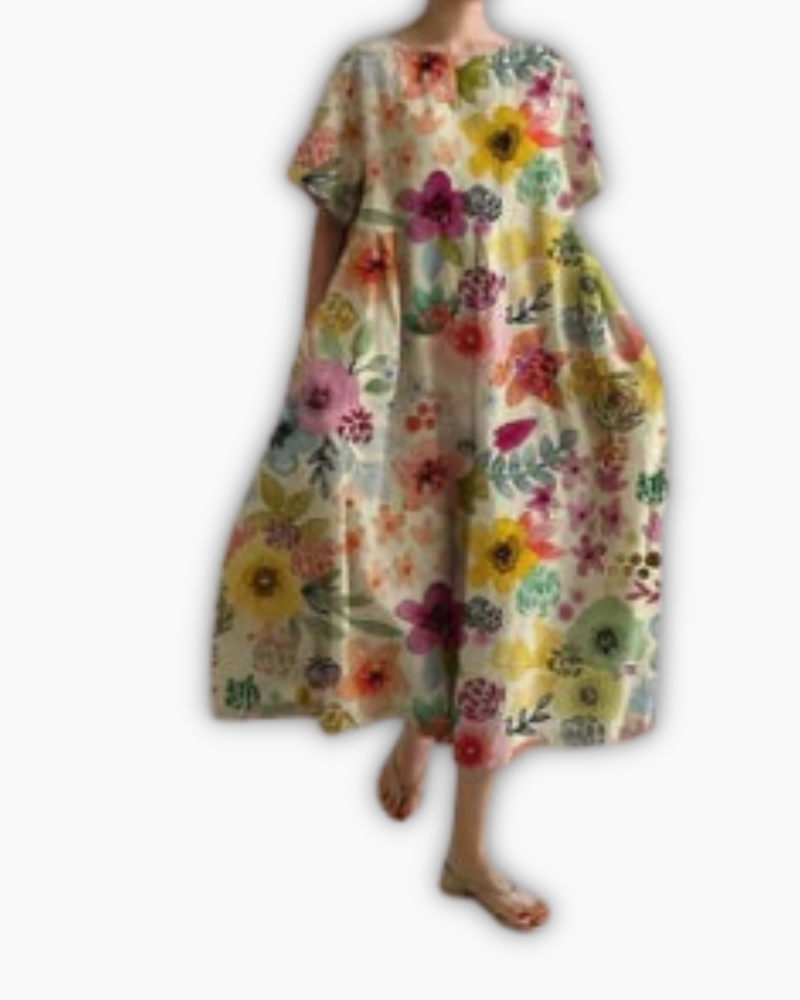 Dames Midi-jurk met Korte Mouwen en Ronde Hals Oversized Veelkleurig Bloemenprint