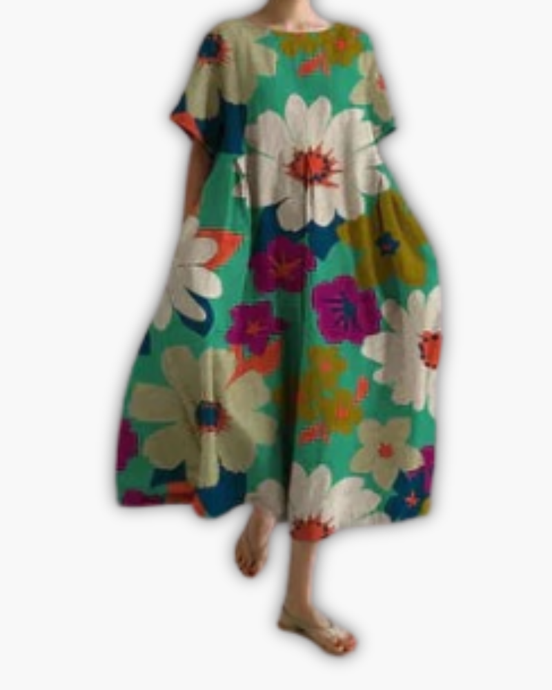 Dames Midi-jurk met Korte Mouwen en Ronde Hals Oversized Groen Bloemenprint