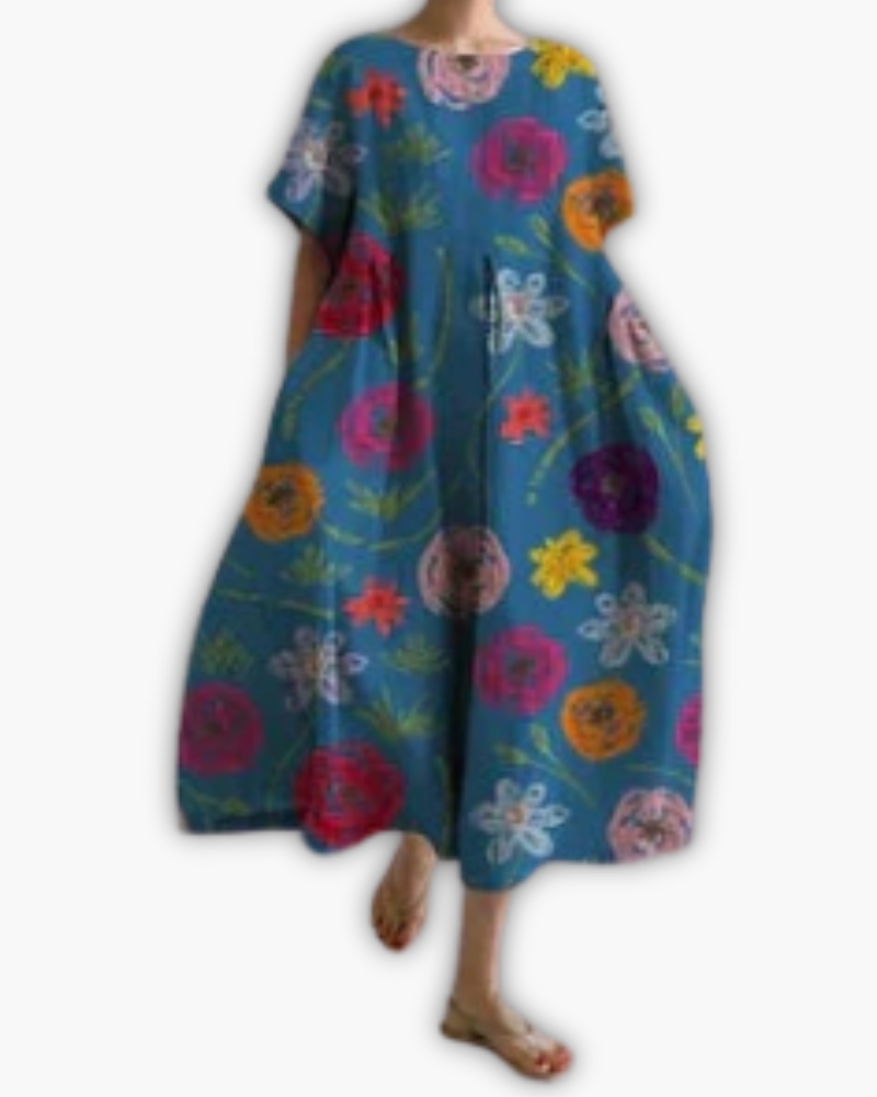 Dames Midi-jurk met Korte Mouwen en Ronde Hals Oversized Blauw Bloemenprint