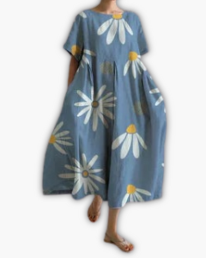 Dames Midi-jurk met Korte Mouwen en Ronde Hals Oversized Madeliefjesprint Blauw