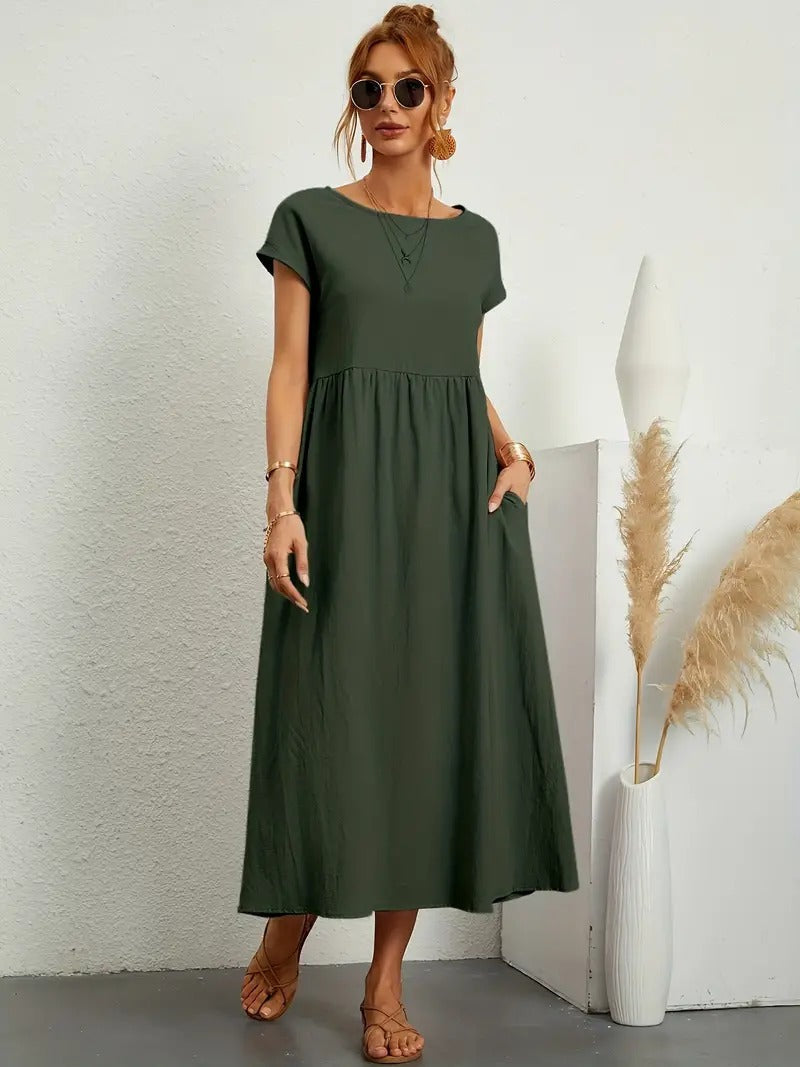Dames Midi Jurk met Korte Mouwen, Zakken en Geplooide Rok