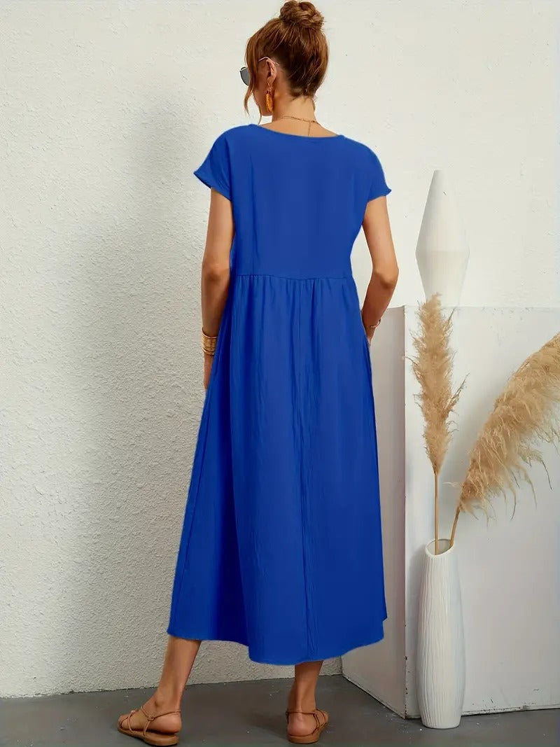 Dames Midi Jurk met Korte Mouwen, Zakken en Geplooide Rok