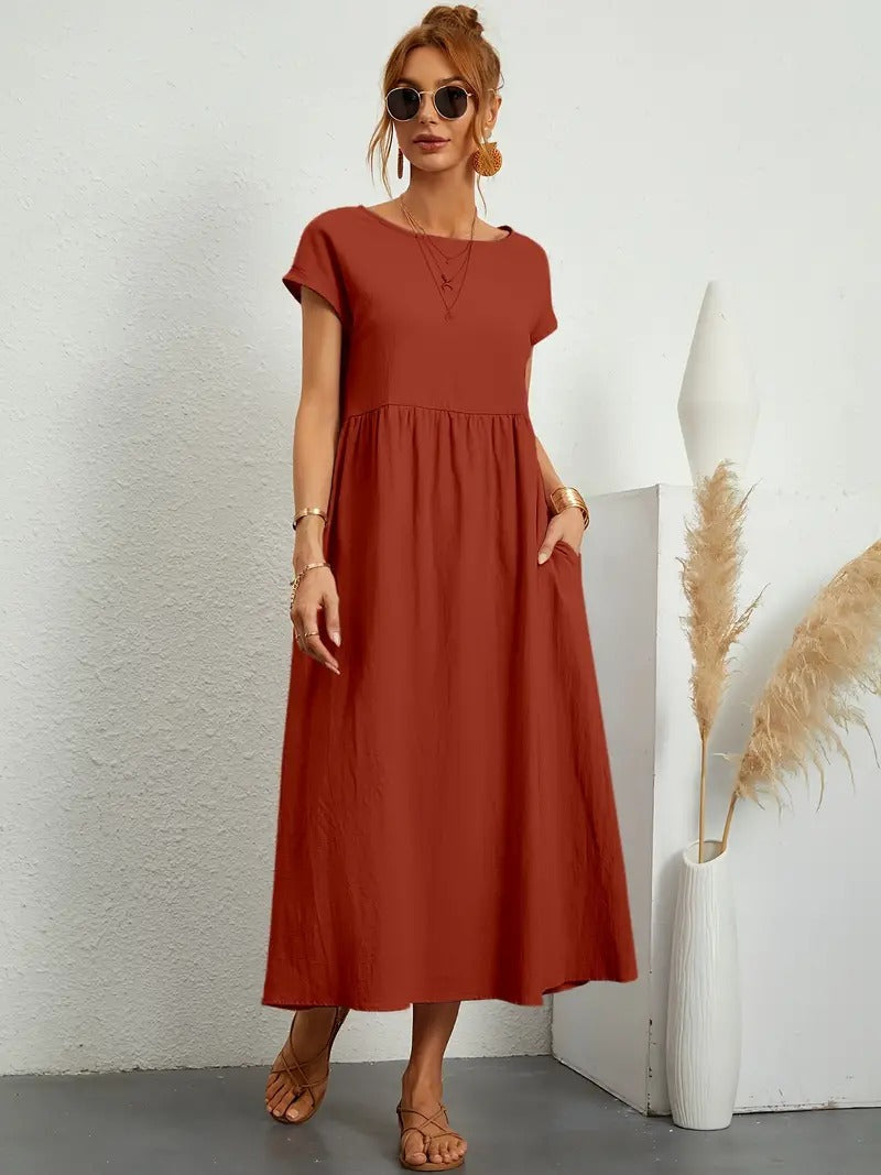 Dames Midi Jurk met Korte Mouwen, Zakken en Geplooide Rok
