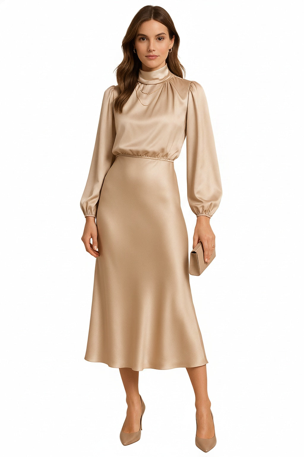 Dames Midi Jurk met Lange Mouwen en Hoge Hals