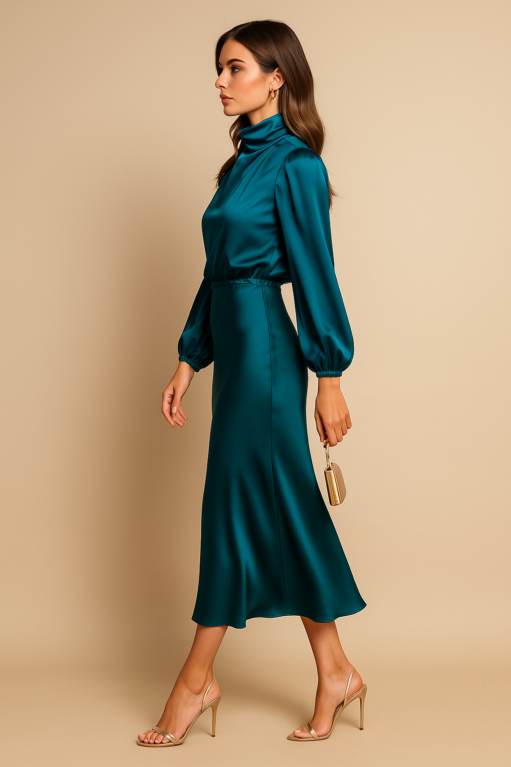 Dames Midi Jurk met Lange Mouwen en Hoge Hals