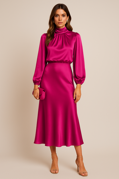 Dames Midi Jurk met Lange Mouwen en Hoge Hals