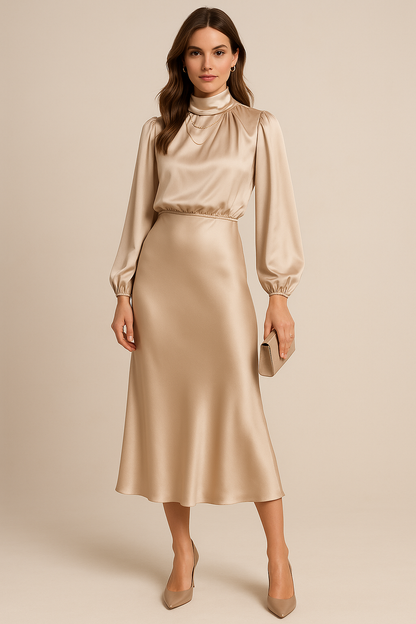 Dames Midi Jurk met Lange Mouwen en Hoge Hals