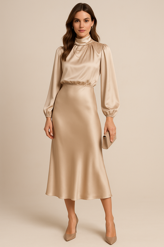 Dames Midi Jurk met Lange Mouwen en Hoge Hals
