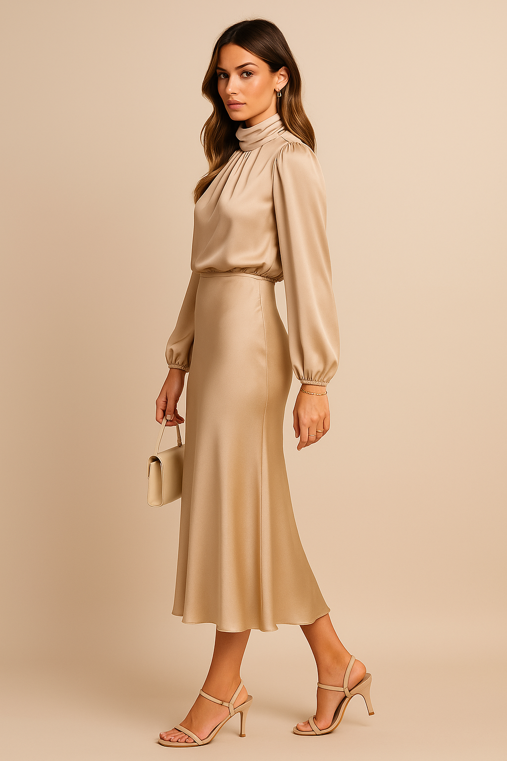 Dames Midi Jurk met Lange Mouwen en Hoge Hals ##POS:21##