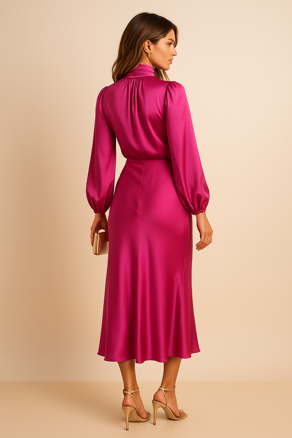 Dames Midi Jurk met Lange Mouwen en Hoge Hals ##POS:27##