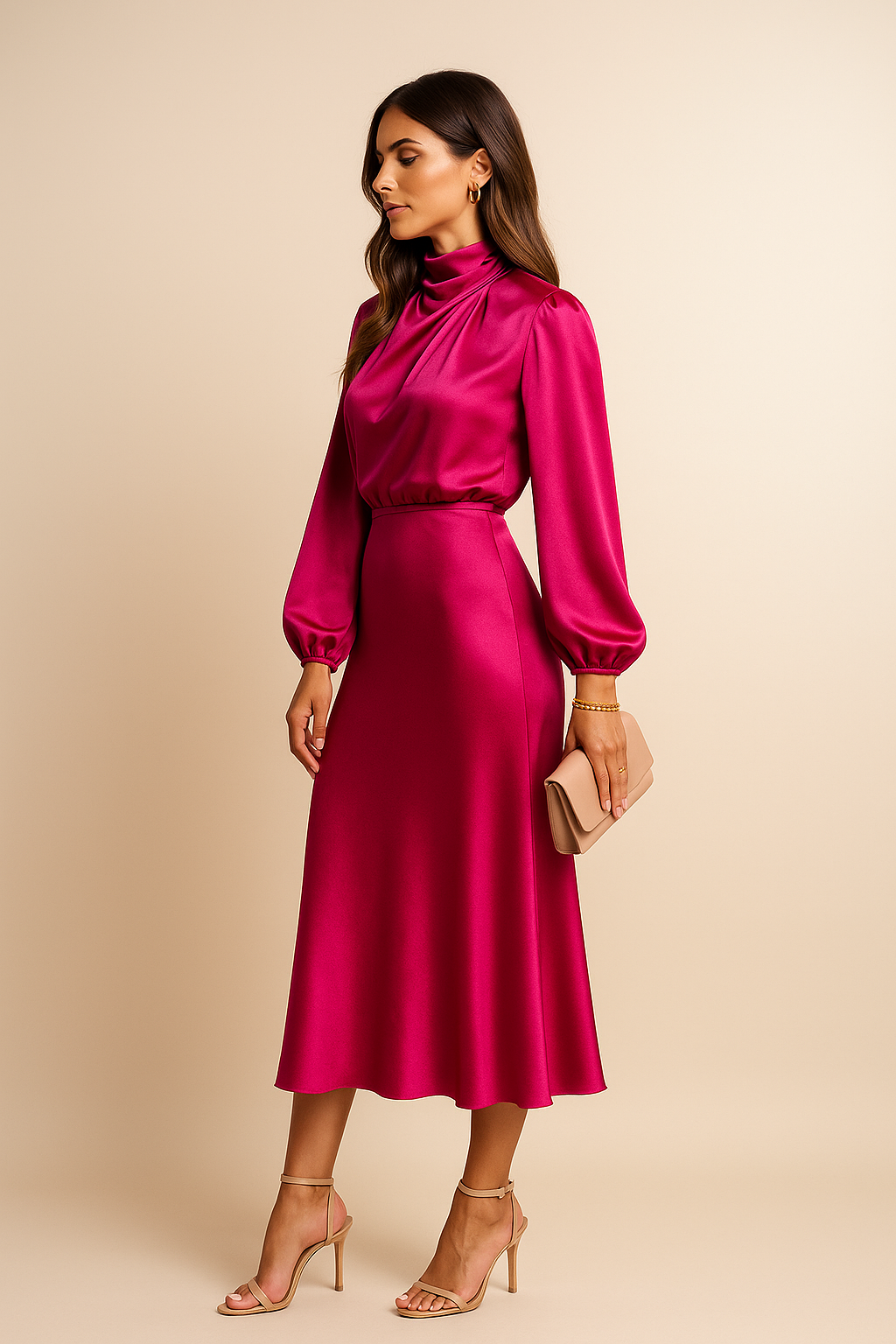 Dames Midi Jurk met Lange Mouwen en Hoge Hals