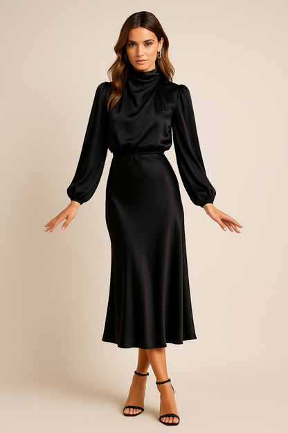 Dames Midi Jurk met Lange Mouwen en Hoge Hals