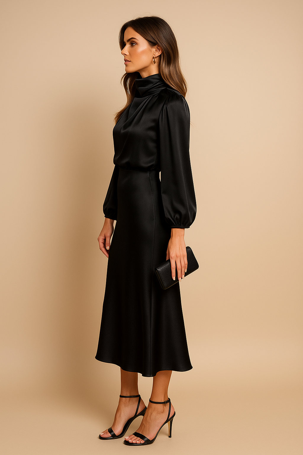 Dames Midi Jurk met Lange Mouwen en Hoge Hals
