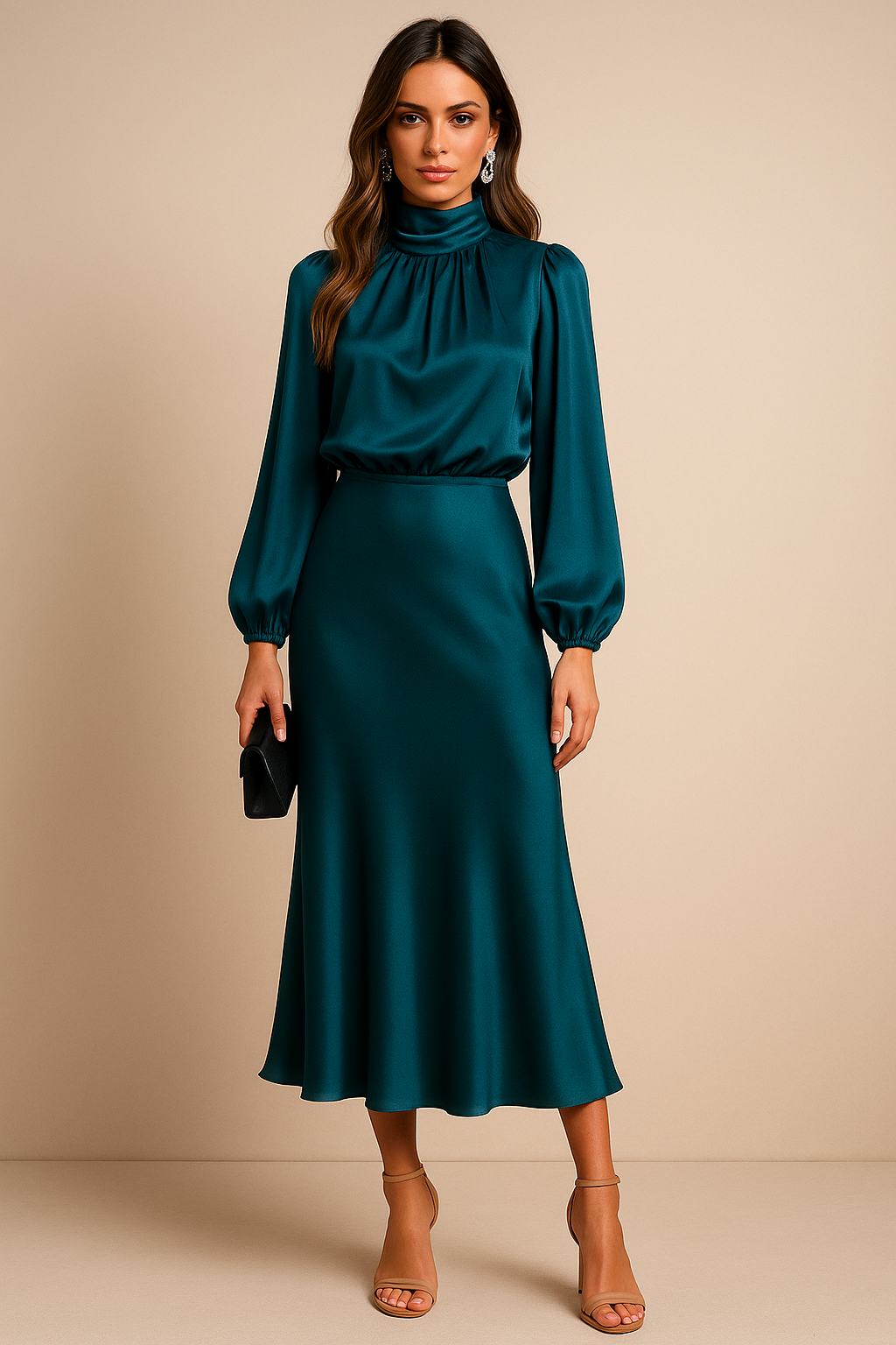 Dames Midi Jurk met Lange Mouwen en Hoge Hals
