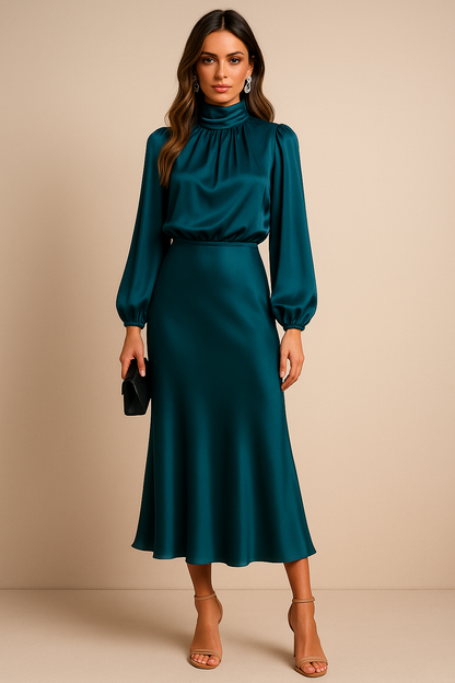 Dames Midi Jurk met Lange Mouwen en Hoge Hals