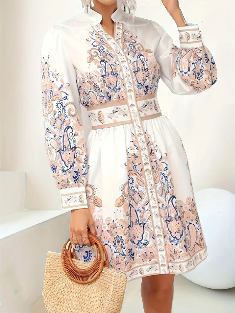 Dames Midi Jurk met Lange Mouwen, V-hals en Paisley Print Wit Roze Blauw